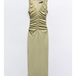 Zara Olive Green Ruched Midi Dress
